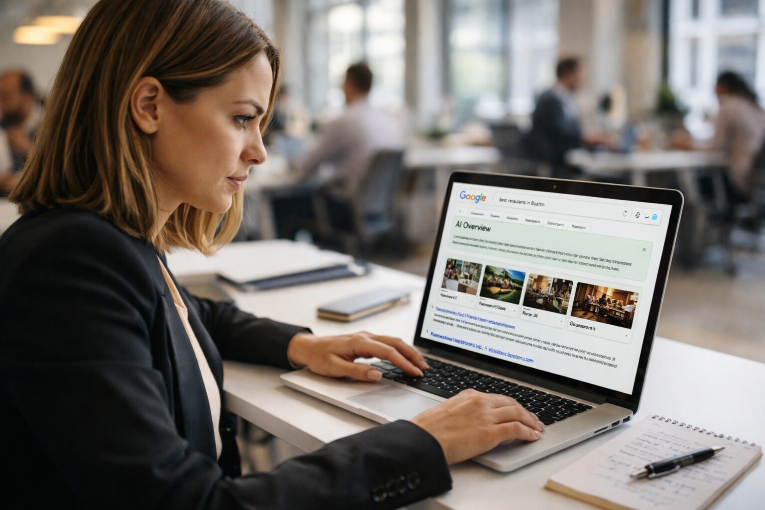 digital marketer reviewing AI search SEO results on laptop screen in modern office