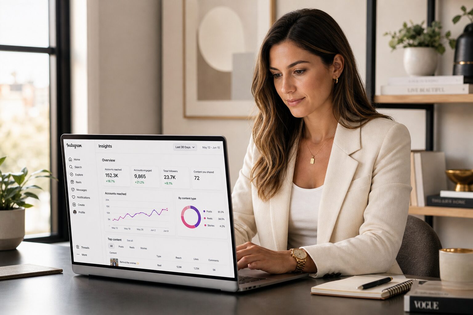 Small business owner reviewing Instagram Reels analytics on laptop
