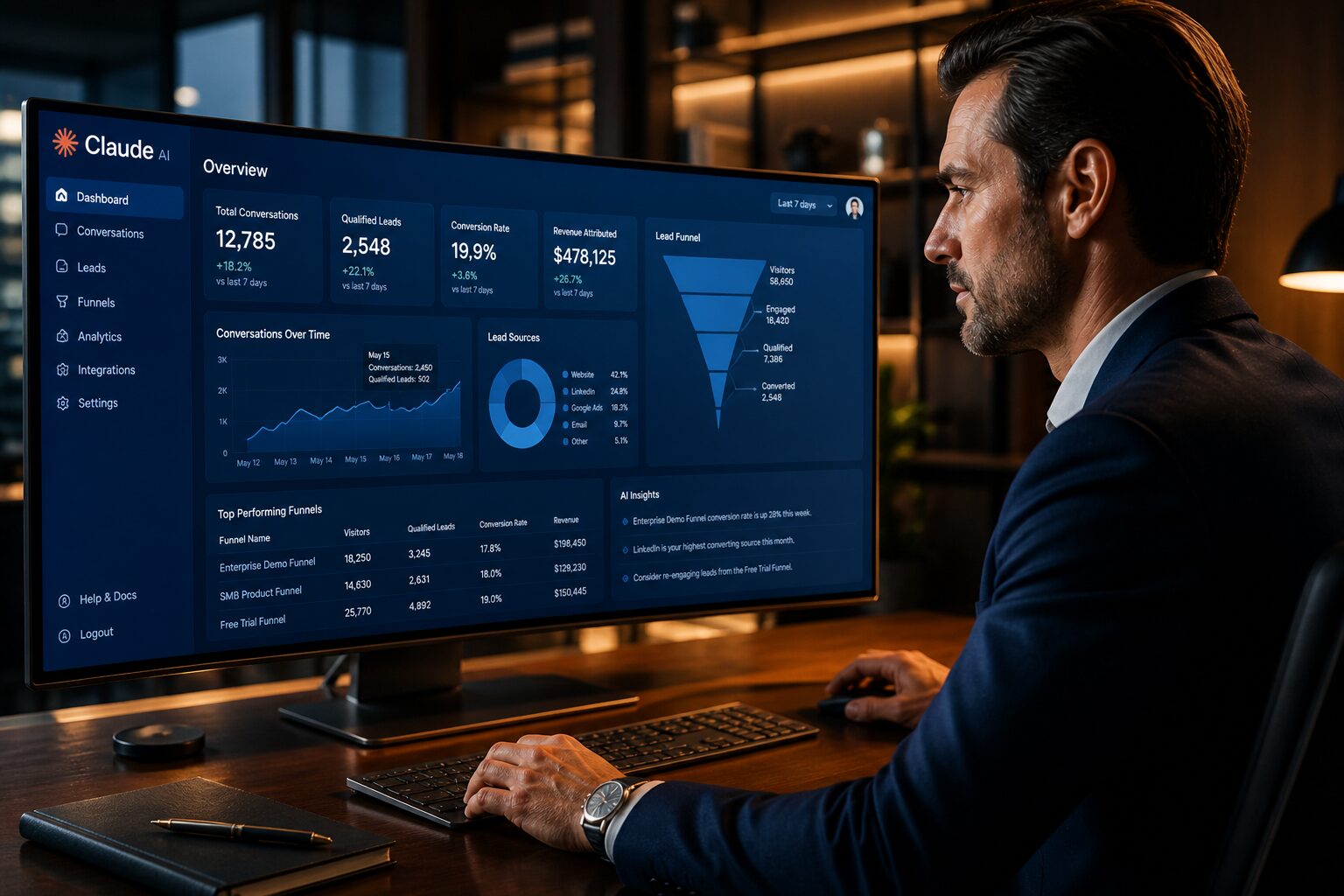 Business professional reviewing AI-powered lead generation dashboard on desktop