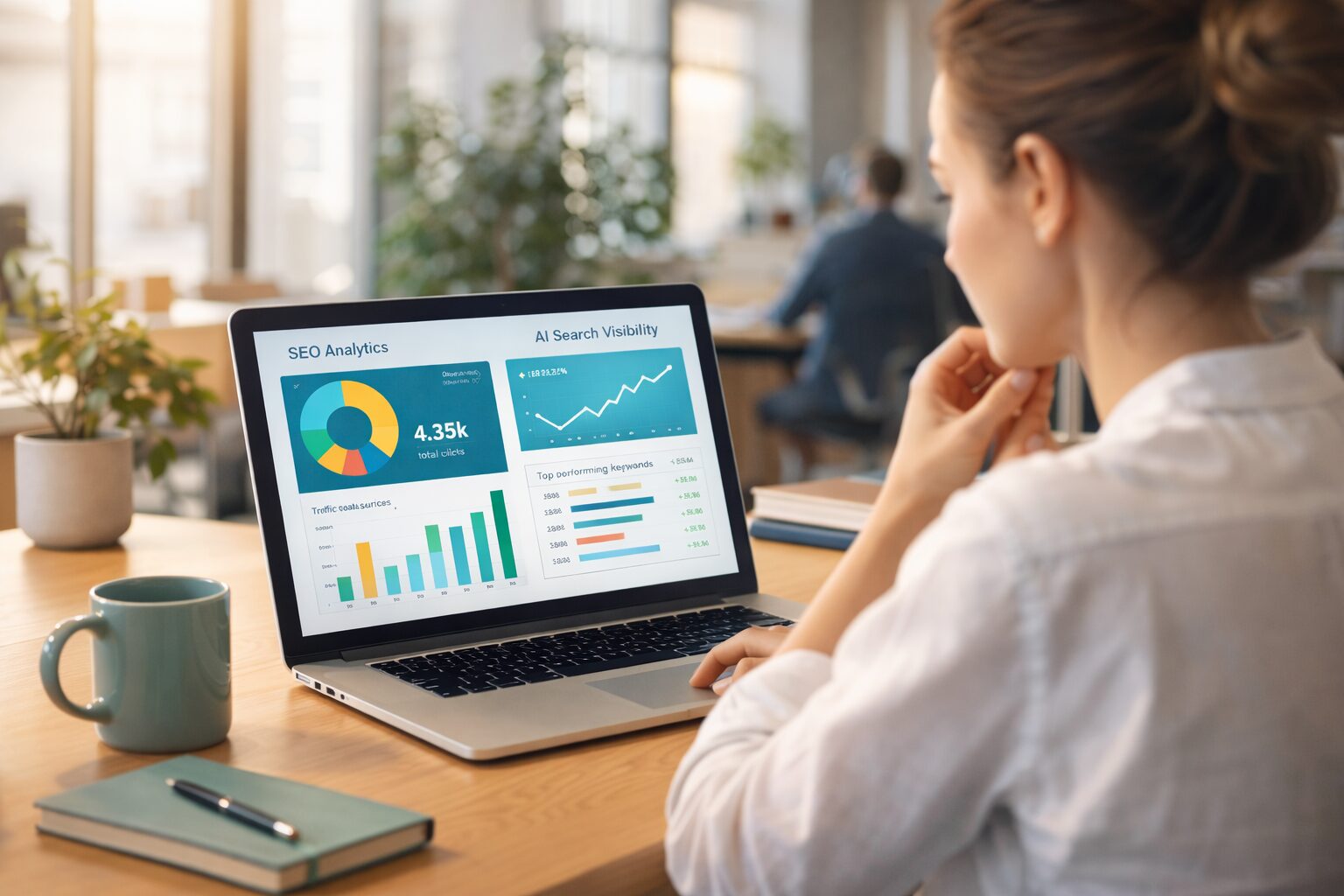 Small business owner reviewing SEO AEO GEO digital strategy on laptop