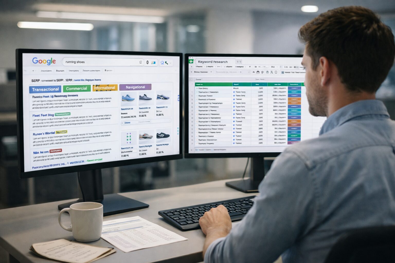 SEO specialist analysing search intent optimization data on dual monitors in a modern office