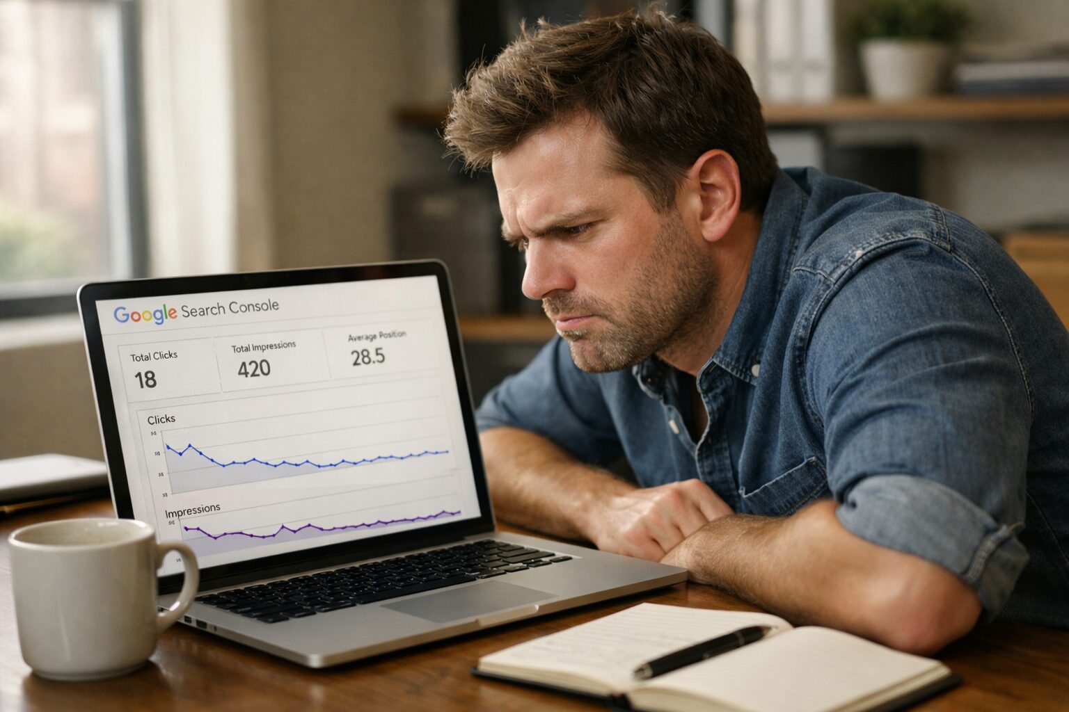 frustrated small business owner checking website not ranking on Google on laptop