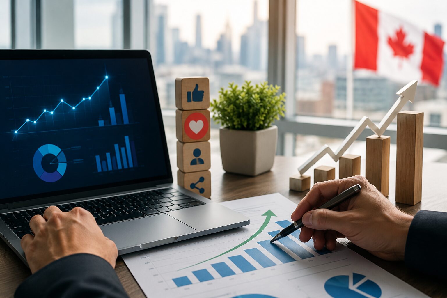 Social media marketing agency in Canada measuring business ROI through social media analytics, engagement metrics, and revenue growth dashboards by Aptklick.