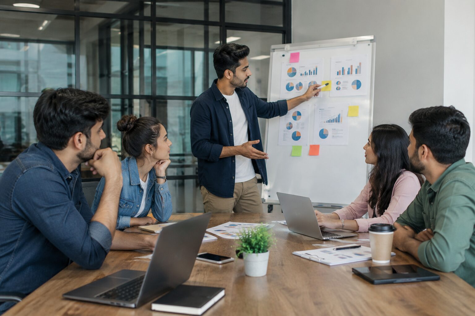 Professional team planning the launch of a digital marketing agency with laptops, strategy charts, and analytics in a modern office – Aptklick.
