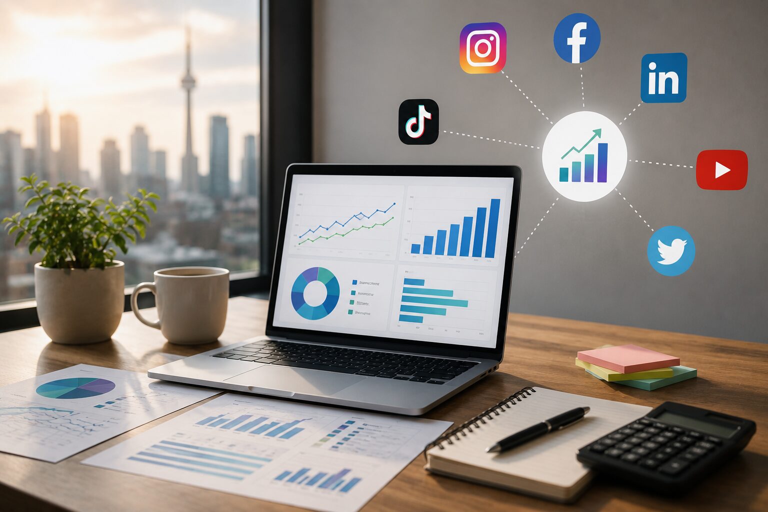 Business analytics dashboard showing social media performance metrics and ROI growth for effective social media marketing strategies by Aptklick.