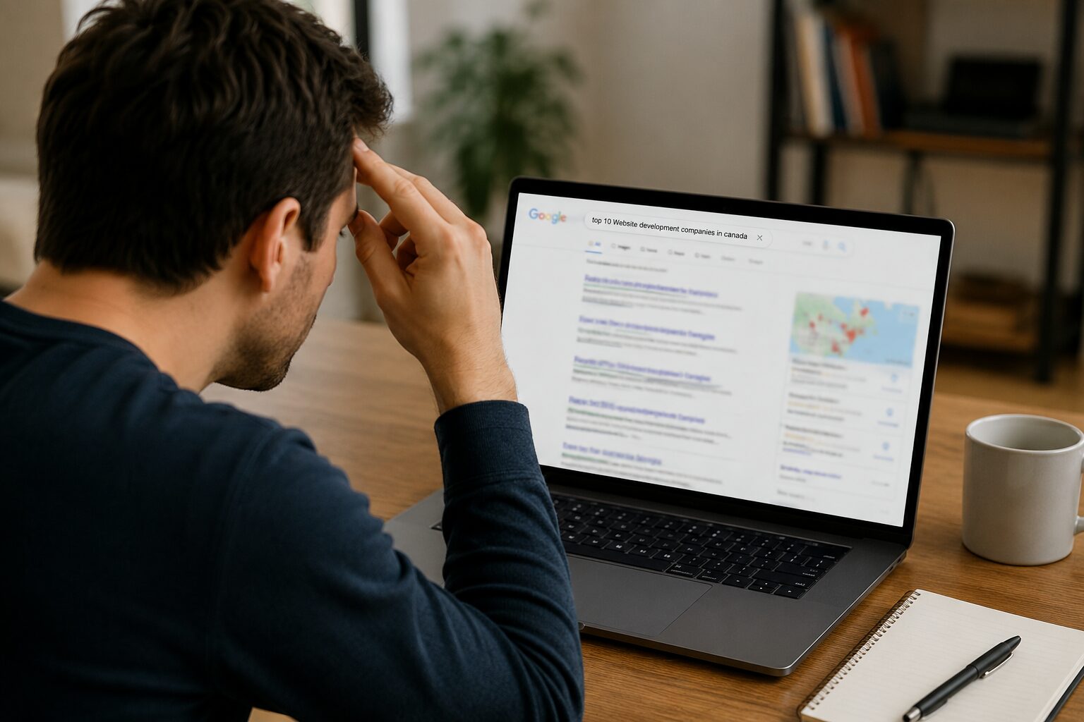 A professional looking at a laptop with a confused expression while comparing Google search results for the top Website Development Company in Canada, representing the process of choosing the right web development partner. Aptklick.
